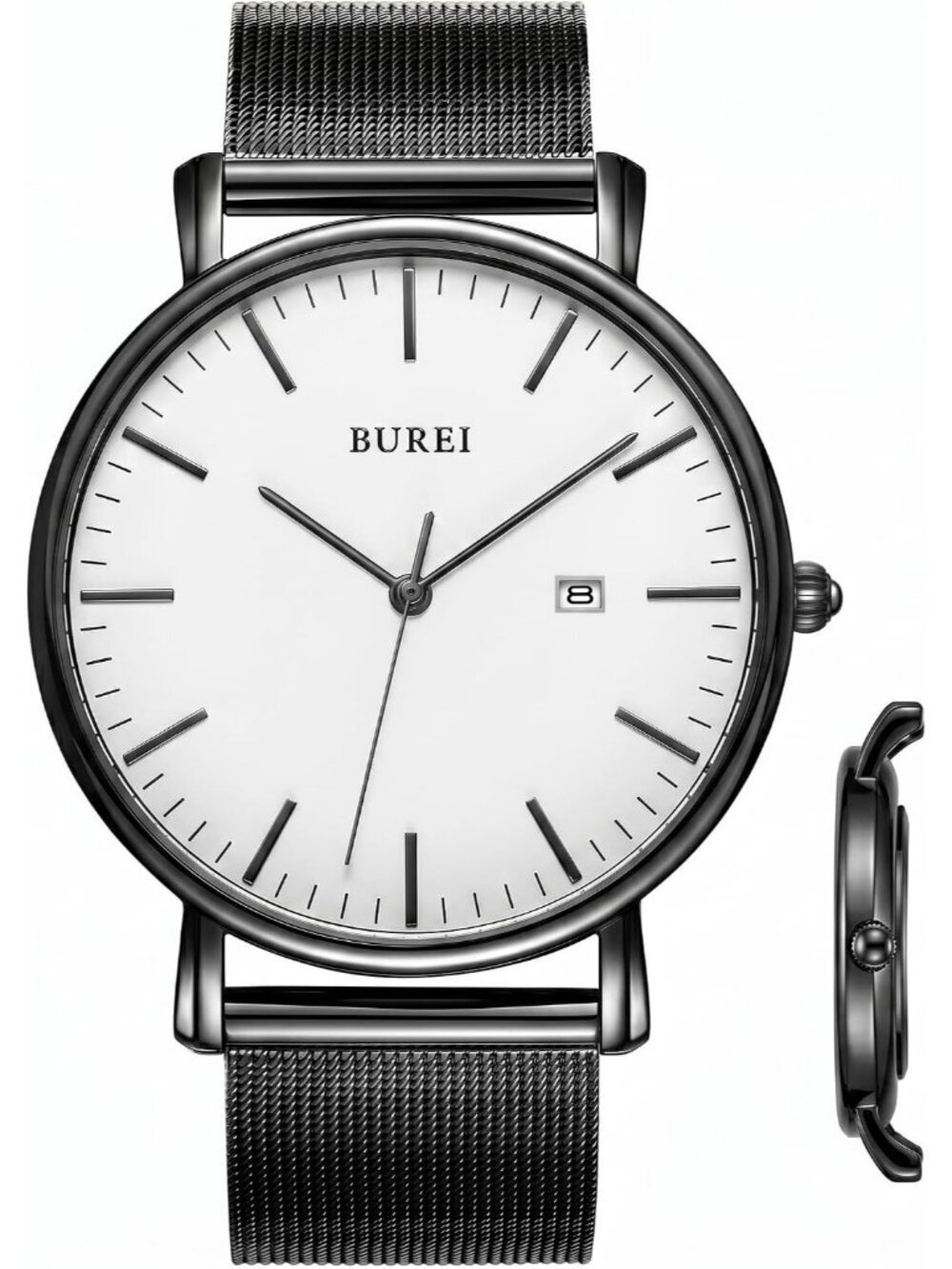 Men's Black White Stainless Steel Mesh Band Minimalist Analog Waterproof Watch